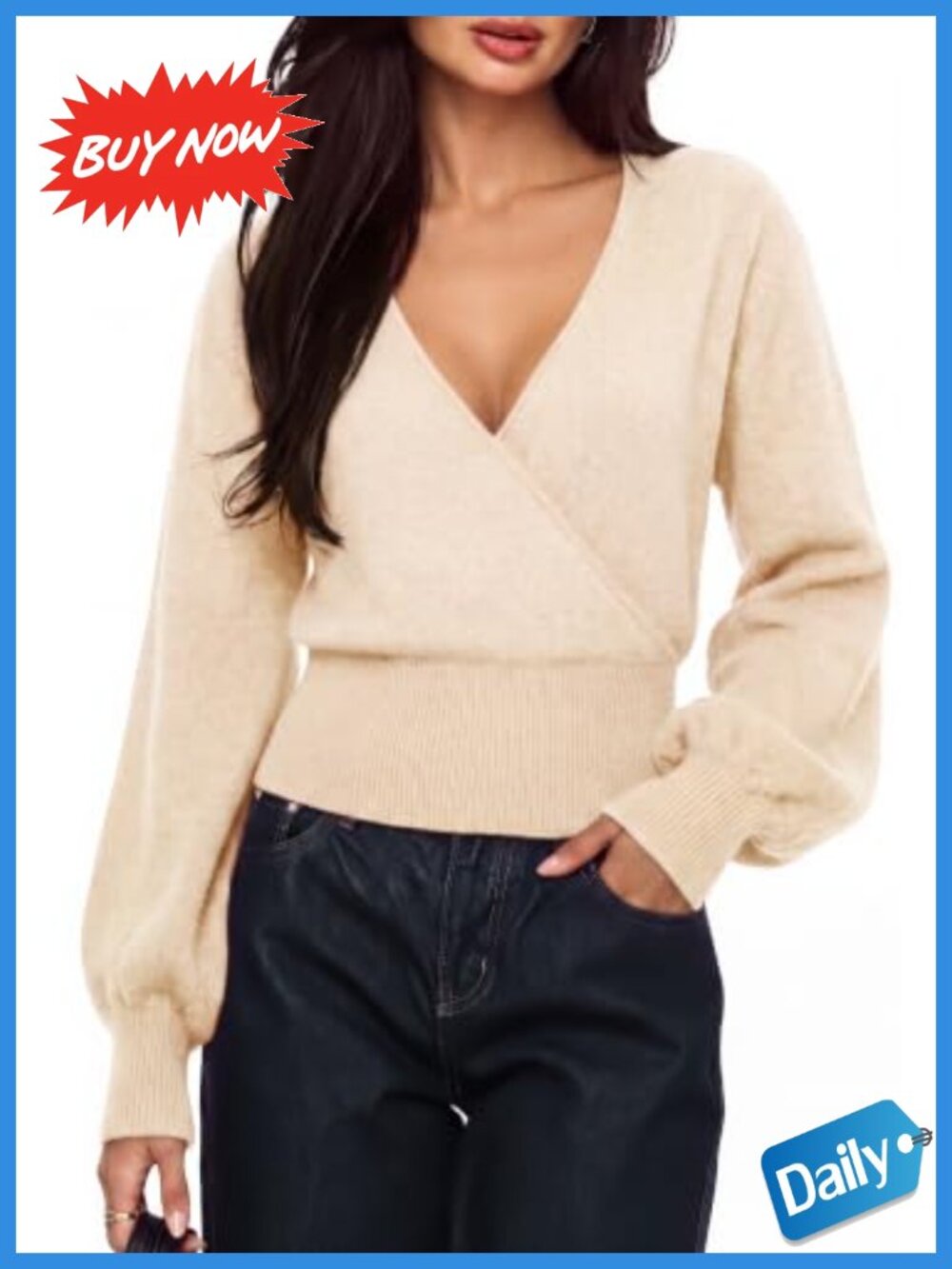 Cashmere Blend V-Neck Wrap Sweater Long Sleeve Knit Pullover